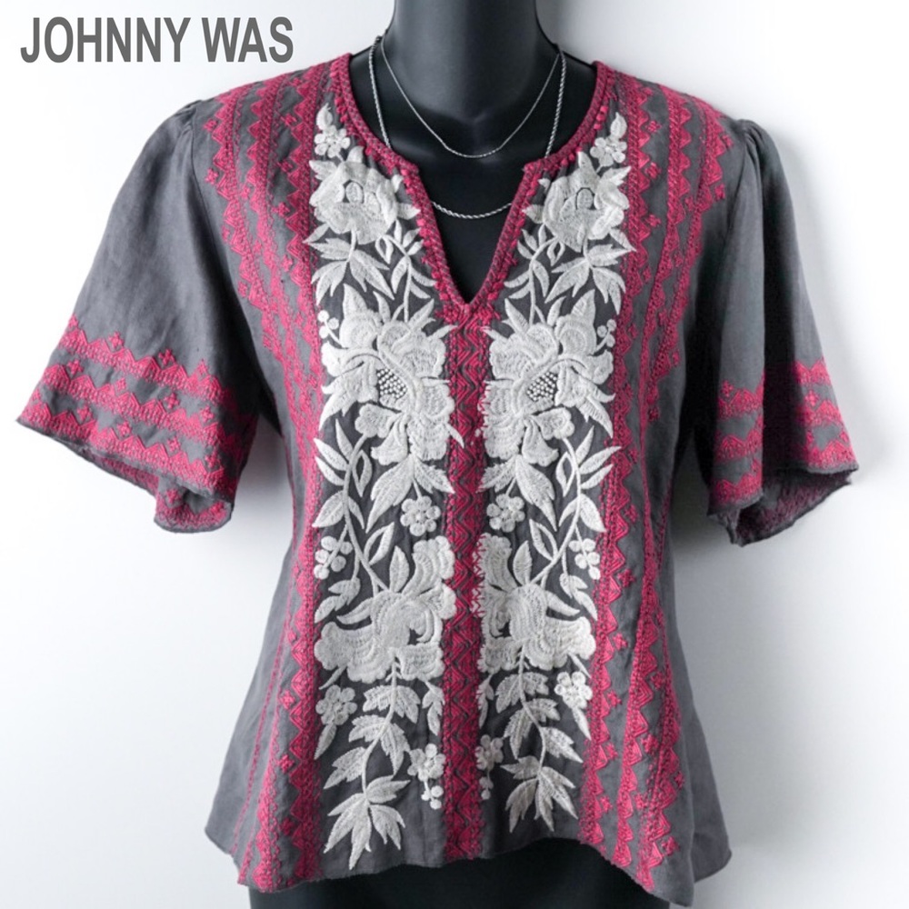JOHNNY WAS Embroidered BOHO Linen Top Dark Gray S